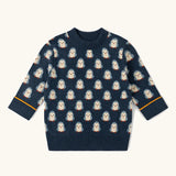 Little Green Radicals children's blue penguins knitted organic cotton jumper.