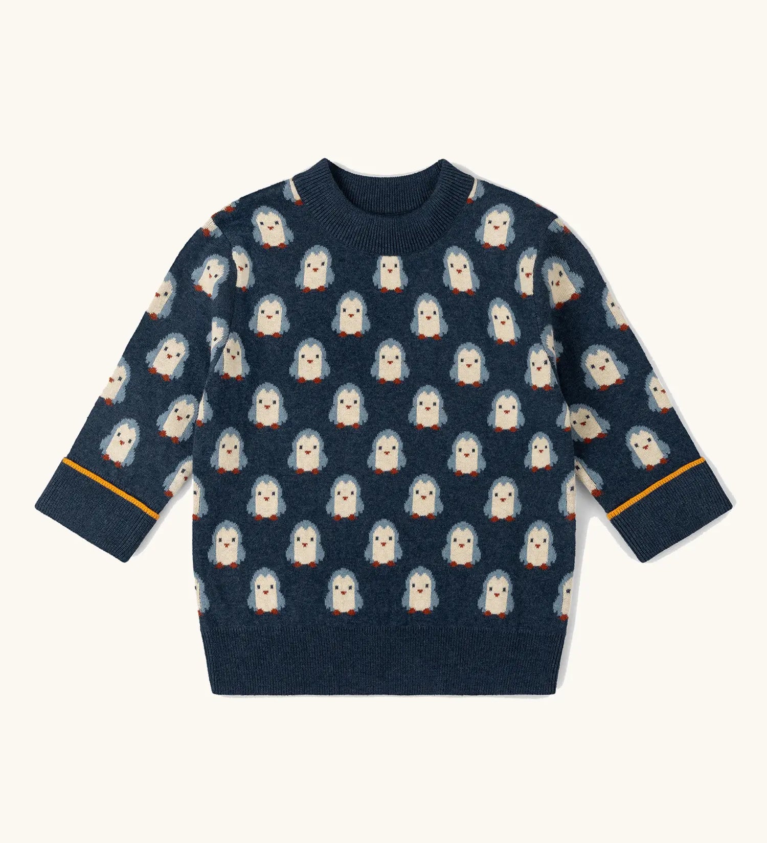 Little Green Radicals children's blue penguins knitted organic cotton jumper.