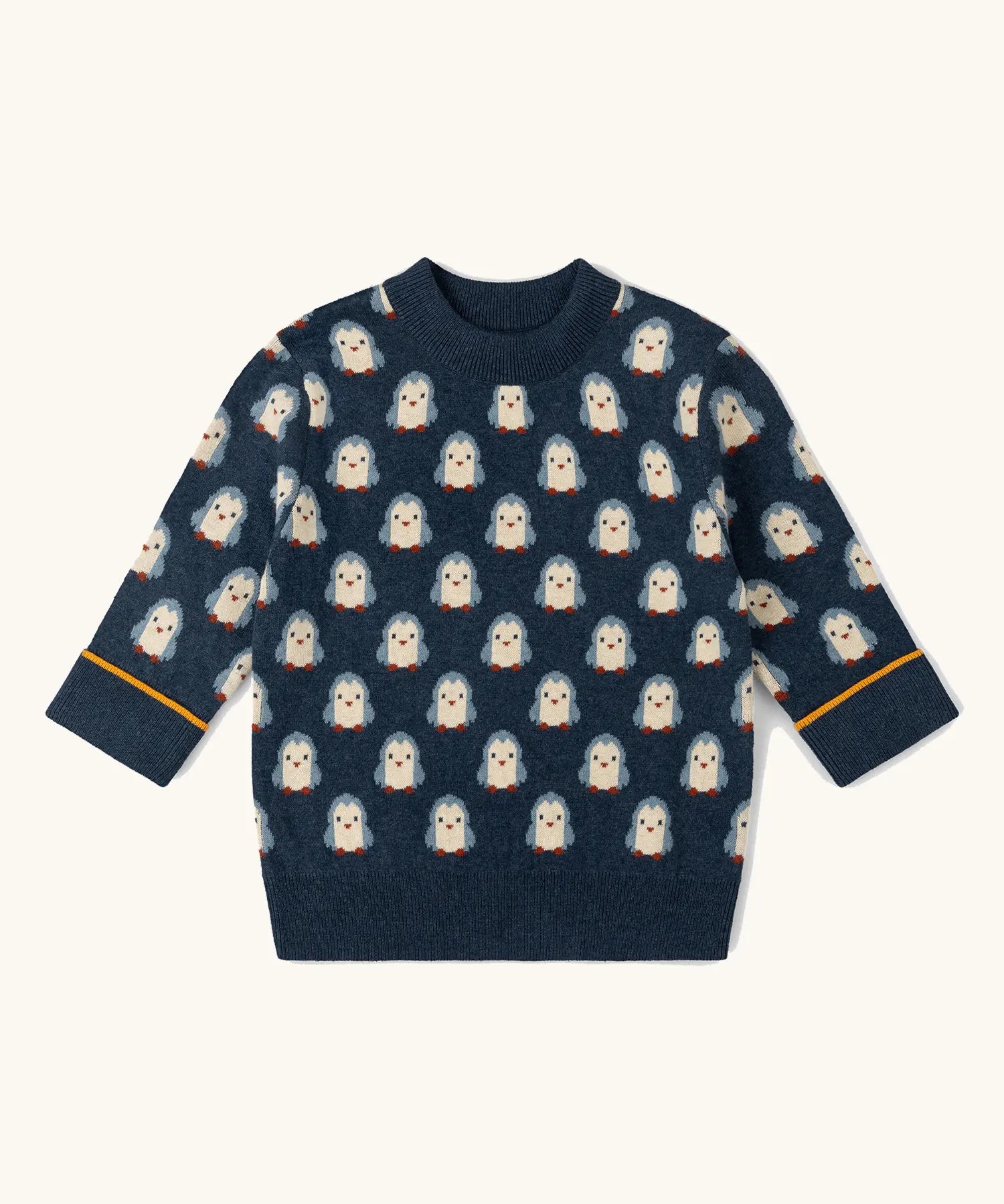 Little Green Radicals children's blue penguins knitted organic cotton jumper.
