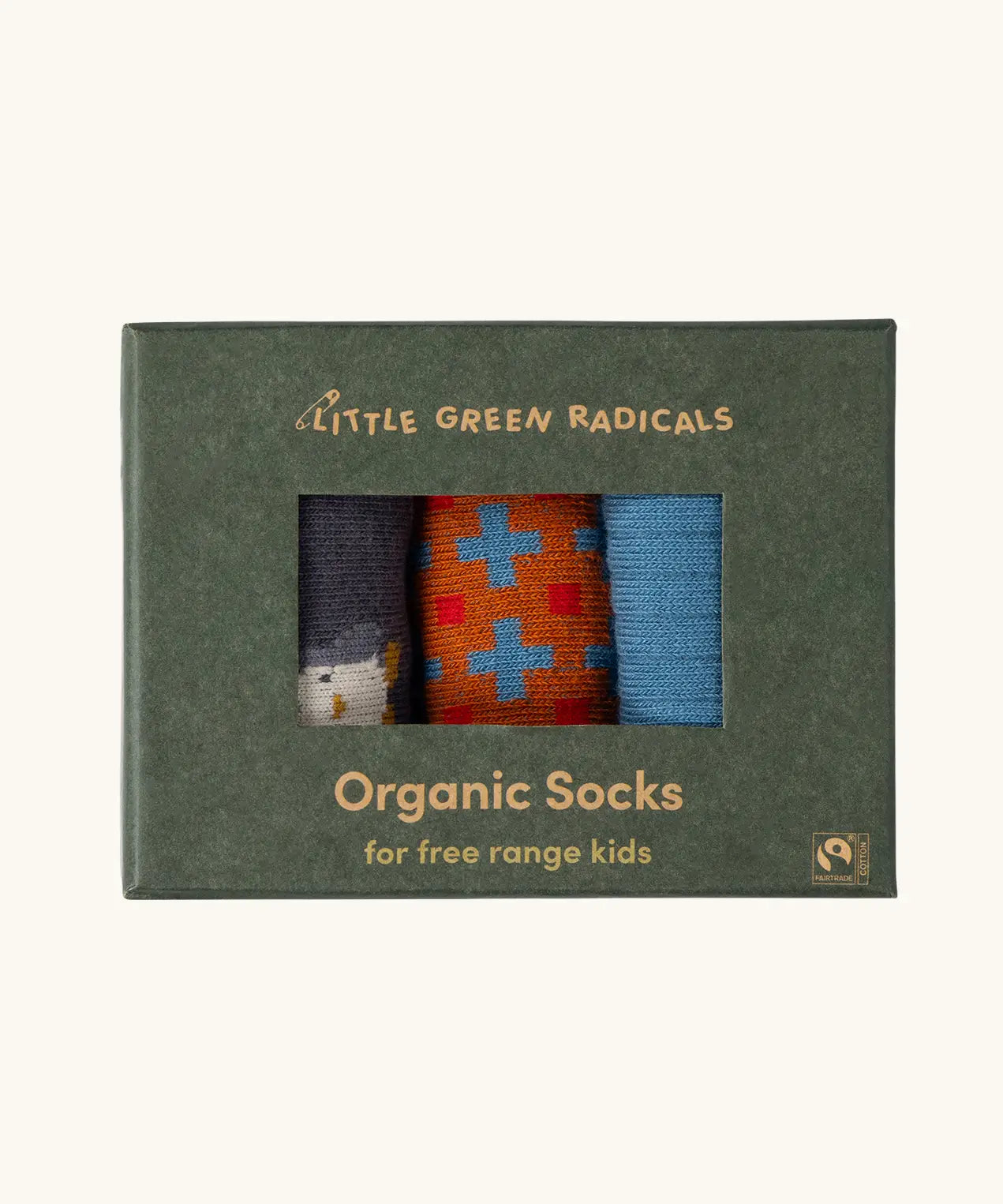 Little Green Radicals blue penguins organic cotton socks 3 pack in a cardboard gift box. 