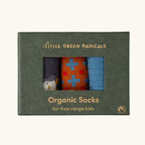 Little Green Radicals blue penguins organic cotton socks 3 pack in a cardboard gift box. 