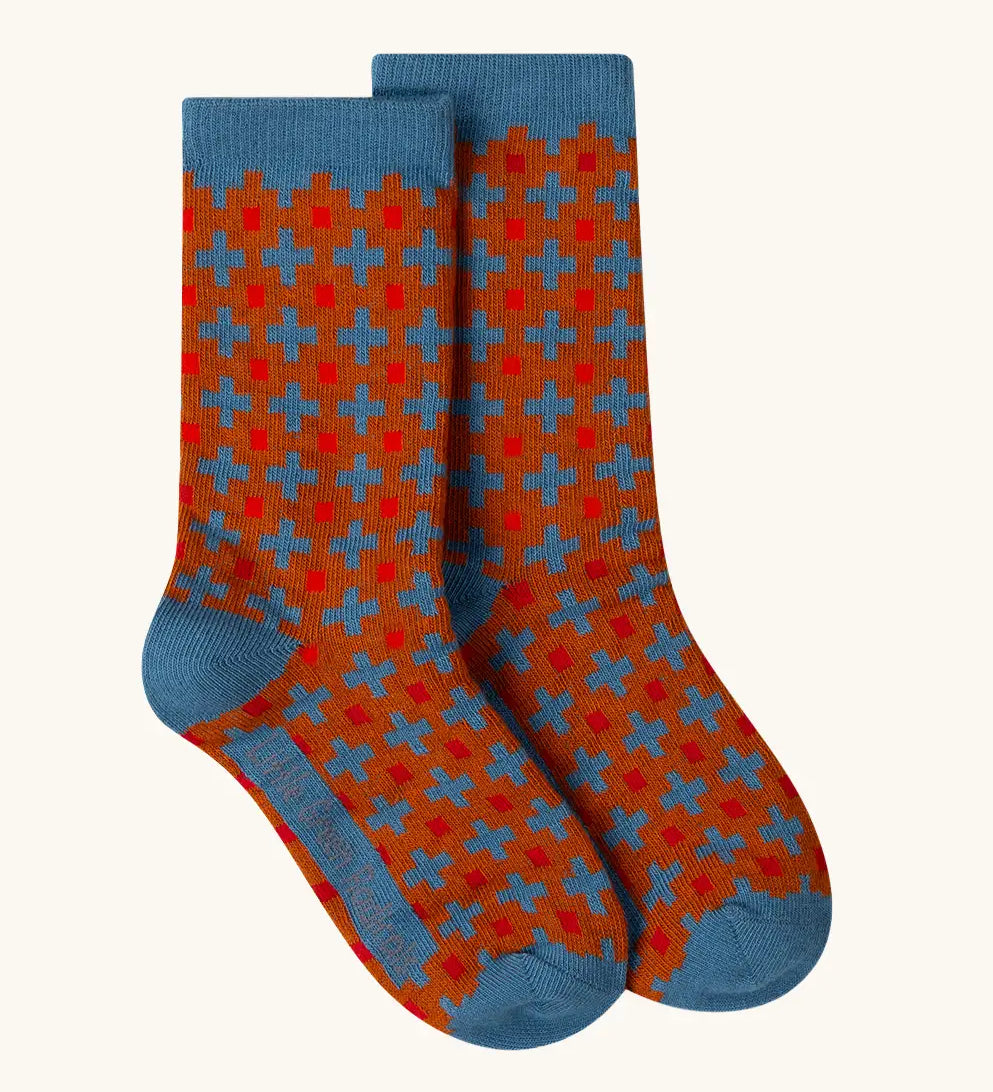 Ginger squares pattern socks from the Little Green Radicals blue penguins organic cotton socks 3 pack. 