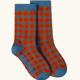 Ginger squares pattern socks from the Little Green Radicals blue penguins organic cotton socks 3 pack. 