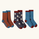 Little Green Radicals blue penguins organic cotton socks 3 pack. One blue with penguins, one plain blue and one ginger squares pattern. 