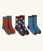 Little Green Radicals blue penguins organic cotton socks 3 pack. One blue with penguins, one plain blue and one ginger squares pattern. 