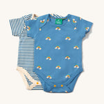 The Little Green Radicals Blue Rainbows Organic Cotton short sleeve Baby Body Set on a plain background. 