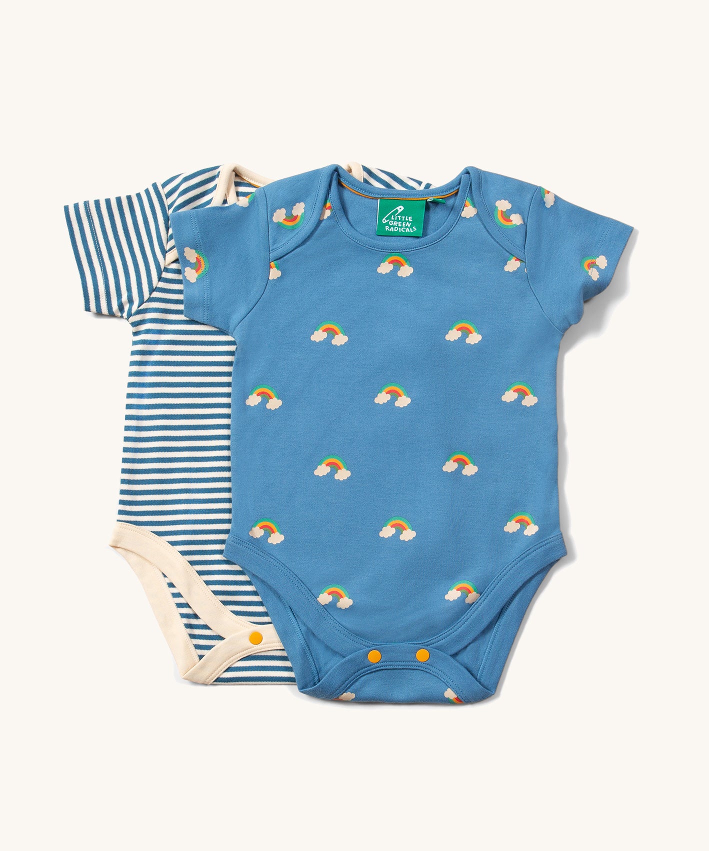 The Little Green Radicals Blue Rainbows Organic Cotton short sleeve Baby Body Set on a plain background. 