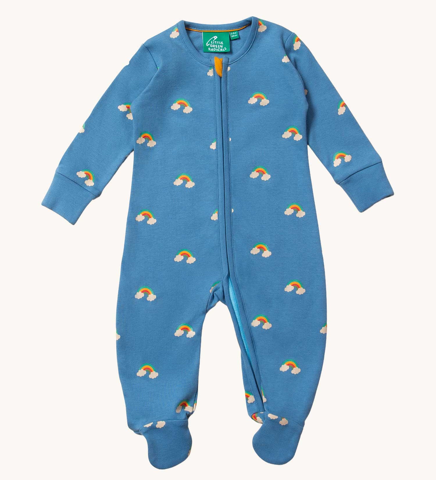 Little Green Radicals Blue Rainbows Zip Organic Babygrow. Little green Radicals have a wide range of organic cotton, Fairtrade clothing and outerwear for babies and children available here at Babipur.