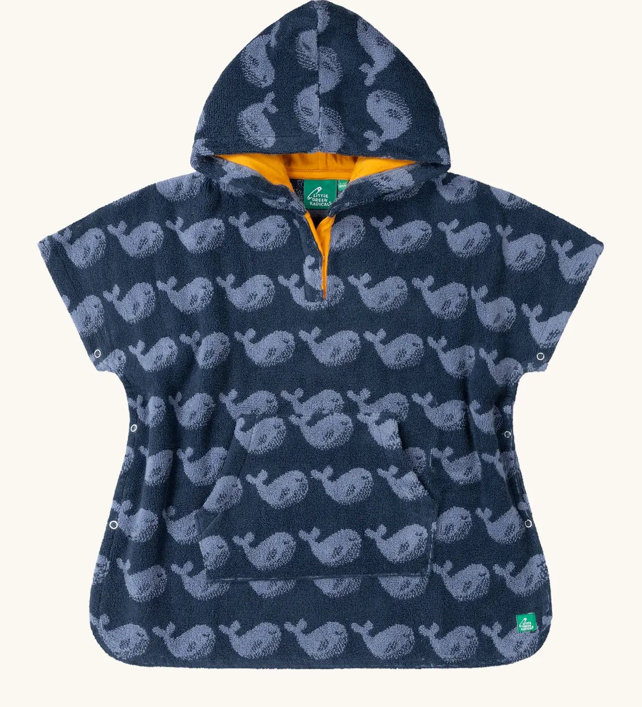 Little Green Radicals clue singing whale kids organic cotton towel poncho. Kangaroo pocket on the front and popper closures on the sides and neck.