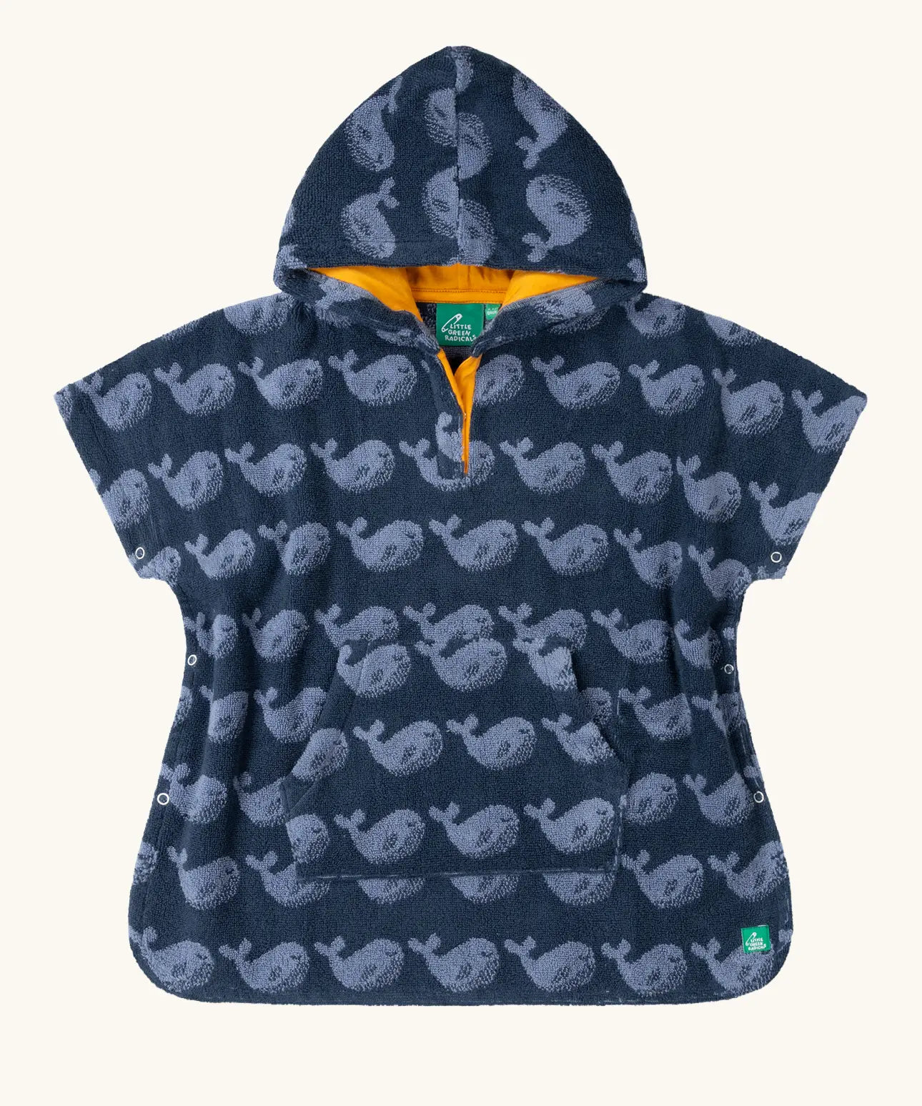 Little Green Radicals clue singing whale kids organic cotton towel poncho. Kangaroo pocket on the front and popper closures on the sides and neck.