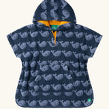 Little Green Radicals clue singing whale kids organic cotton towel poncho. Kangaroo pocket on the front and popper closures on the sides and neck.
