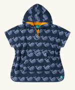 Little Green Radicals clue singing whale kids organic cotton towel poncho. Kangaroo pocket on the front and popper closures on the sides and neck.