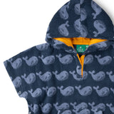 Close up pf the yellow lined hood on the Little Green Radicals clue singing whale kids organic cotton towel poncho. 