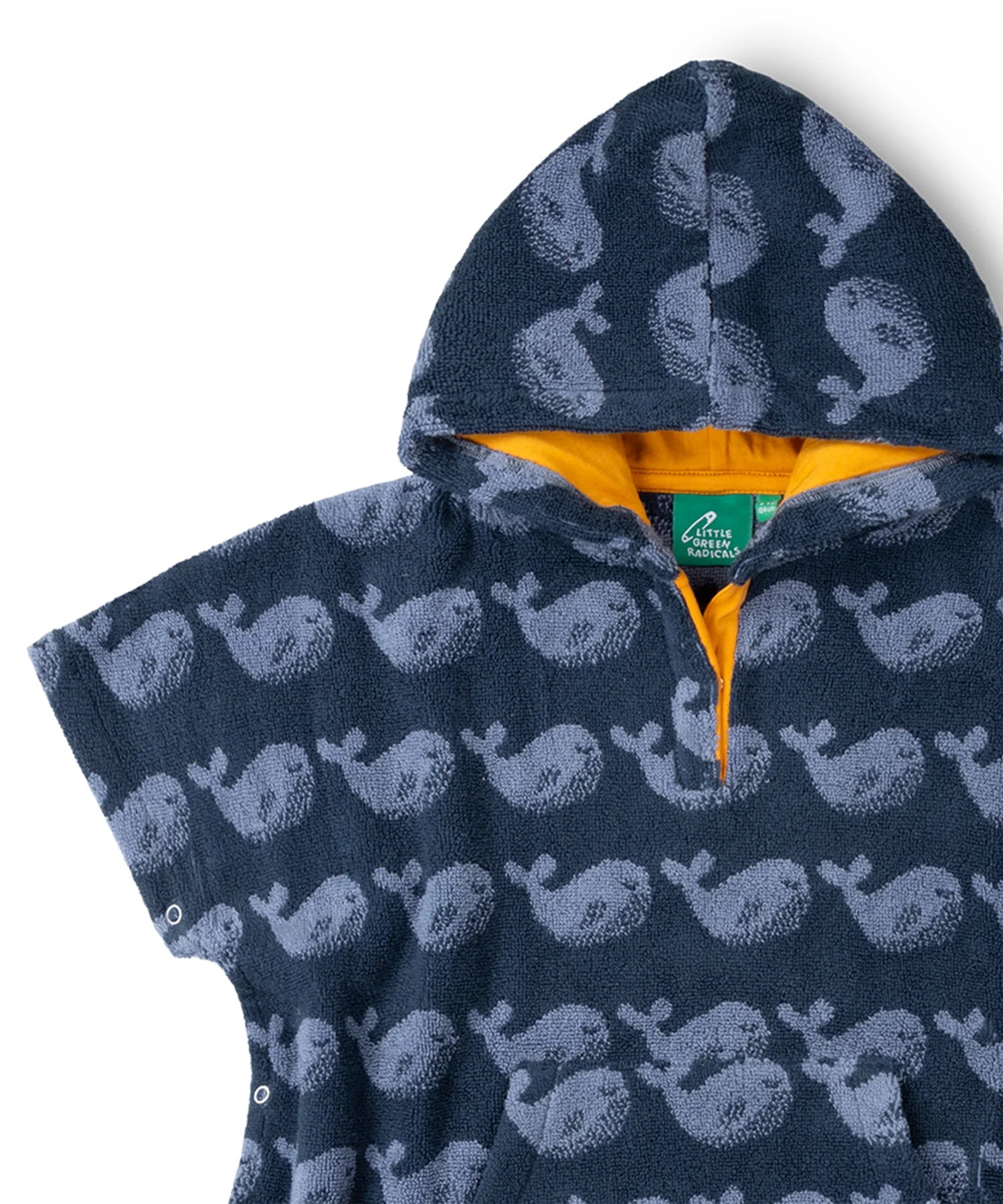 Close up pf the yellow lined hood on the Little Green Radicals clue singing whale kids organic cotton towel poncho. 