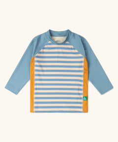 Little Green Radicals UPF 50 hazy blue striped body long sleeved kids rash vest with yellow gold side panels.