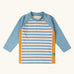 Little Green Radicals UPF 50 hazy blue striped body long sleeved kids rash vest with yellow gold side panels.