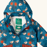 Close up of the Little Green Radicals blue sun birds recycled waterproof fleece lined adventure Winter coat with the zip half open.