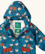 Close up of the Little Green Radicals blue sun birds recycled waterproof fleece lined adventure Winter coat with the zip half open.