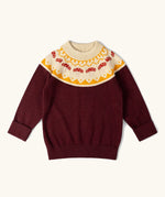 Little Green Radicals knitted organic cotton jumper with a mushroom Fair Isle. Brown jumper with mushroom air isle design around the neckline.