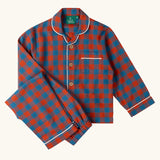 Little Green Radicals burnt ochre and blue check classic children's pyjamas. Long sleeve button up top with matching trousers.