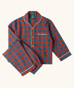 Little Green Radicals burnt ochre and blue check classic children's pyjamas. Long sleeve button up top with matching trousers.