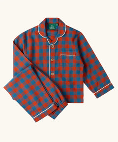 Little Green Radicals burnt ochre and blue check classic children's pyjamas. Long sleeve button up top with matching trousers.
