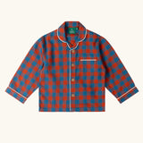 Long sleeved button up top from the Little Green Radicals burnt ochre and blue check classic children's pyjamas.