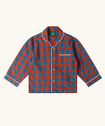 Long sleeved button up top from the Little Green Radicals burnt ochre and blue check classic children's pyjamas.