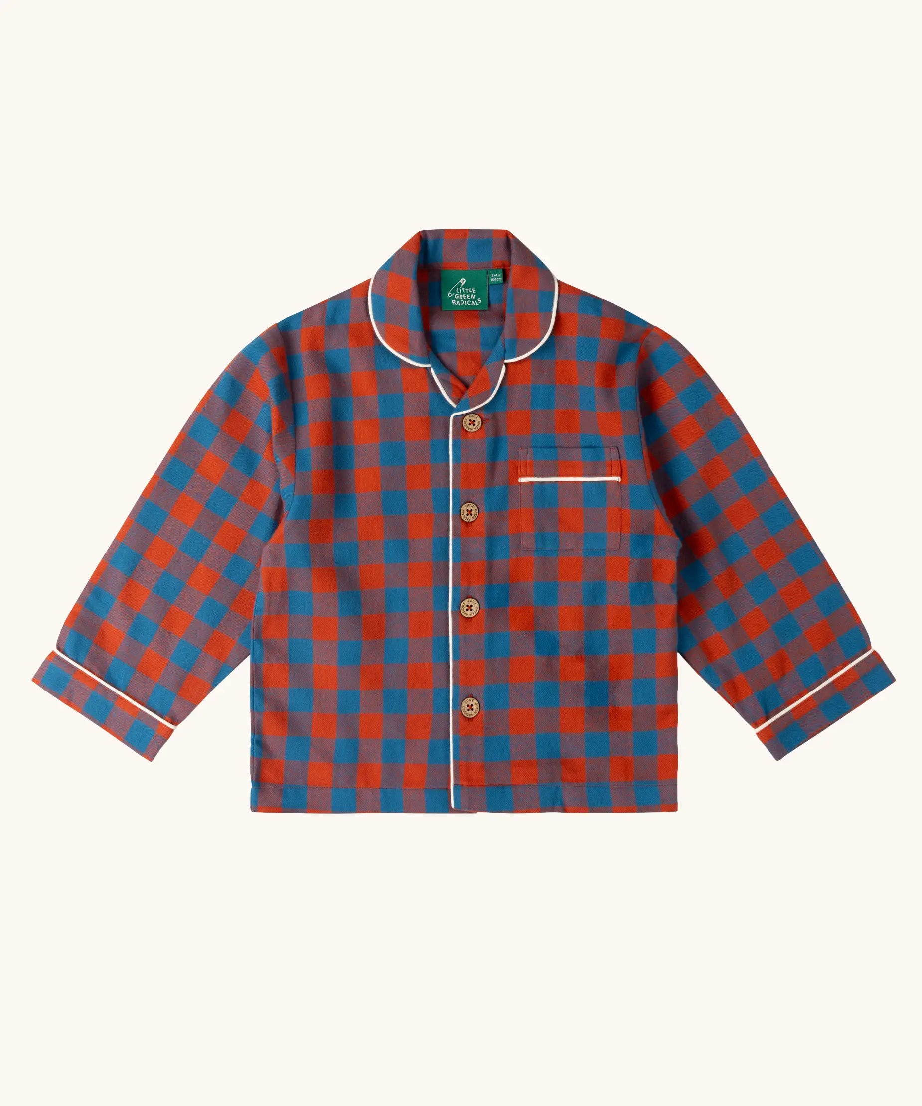 Long sleeved button up top from the Little Green Radicals burnt ochre and blue check classic children's pyjamas.