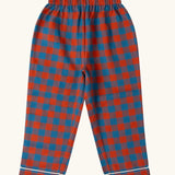 Trousers from the Little Green Radicals burnt ochre and blue check classic children's pyjamas.
