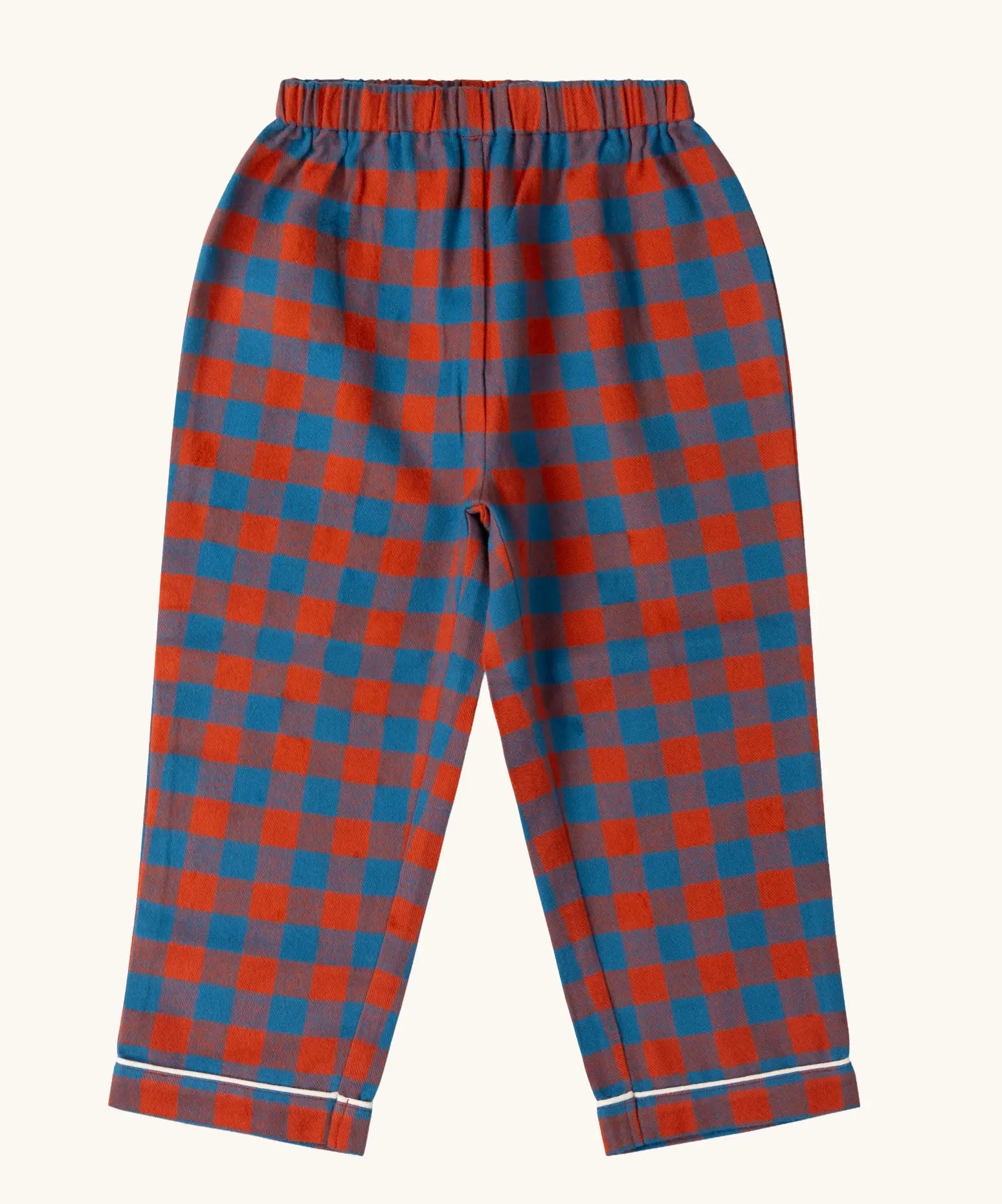 Trousers from the Little Green Radicals burnt ochre and blue check classic children's pyjamas.