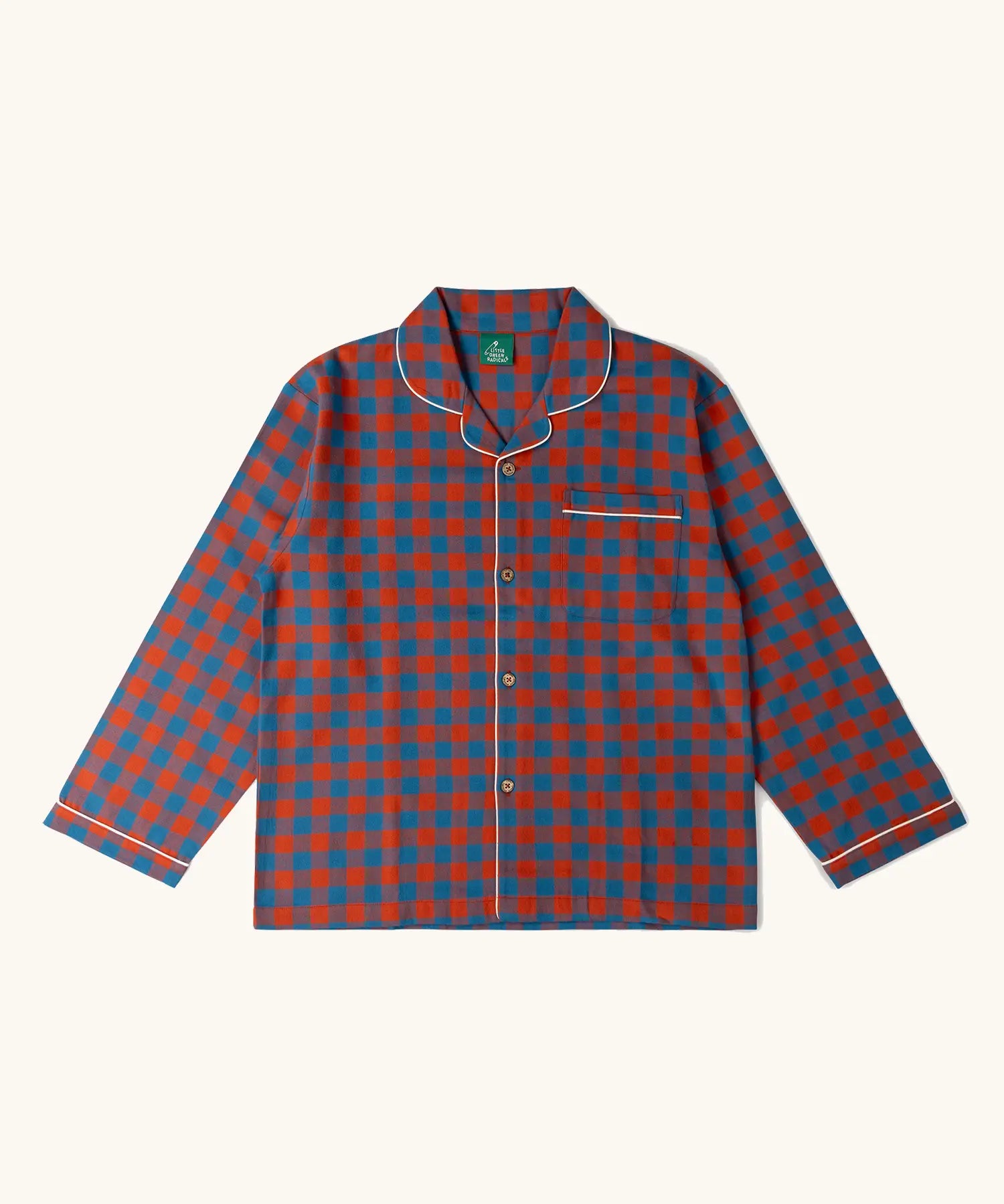 Long sleeved button up top from the Little Green Radicals burnt ochre check adult organic cotton classic pyjamas.