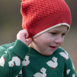 Child wearing Little Green Radicals burnt ochre knitted beanie hat with a green duck knitted jumper. 