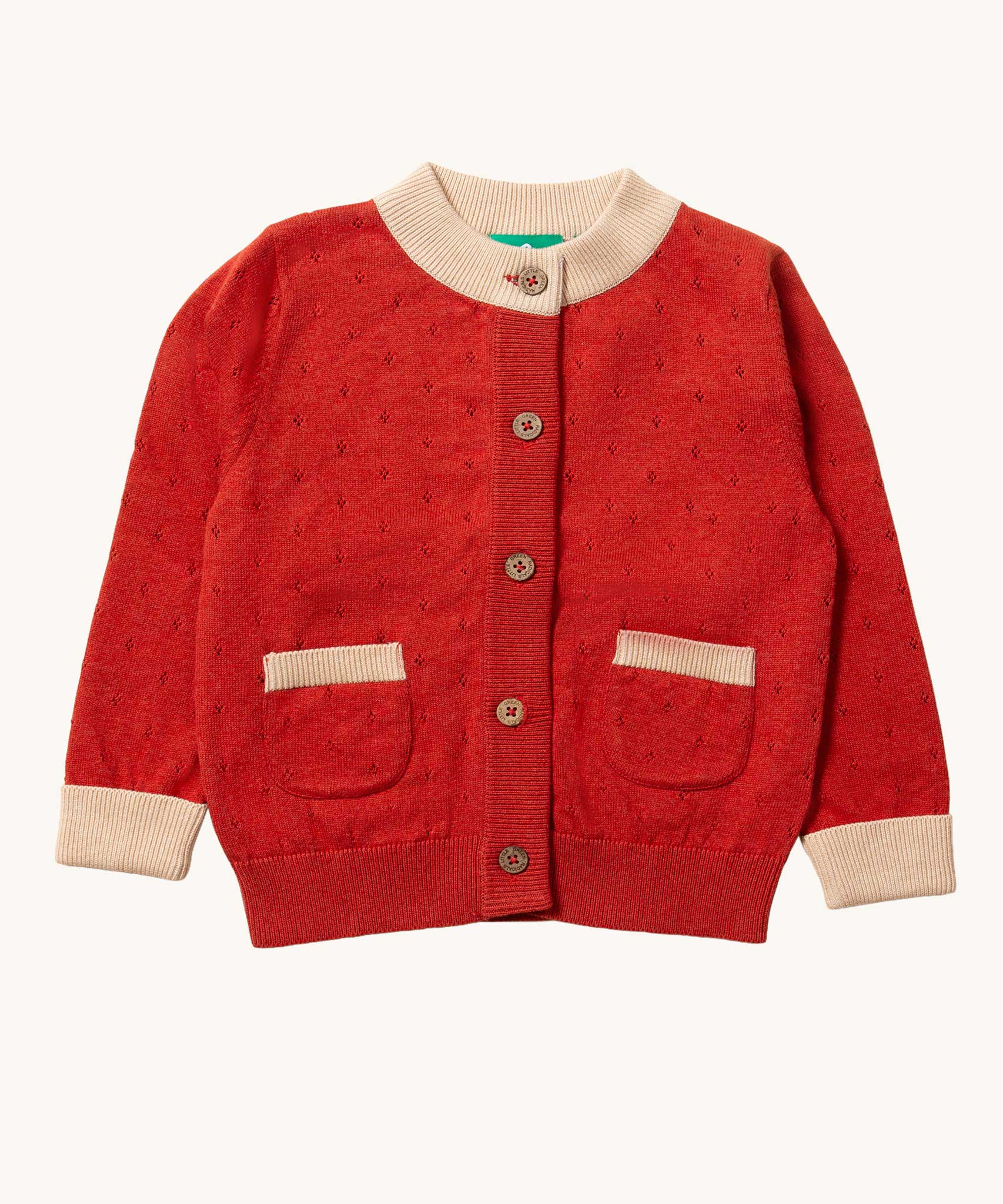 Little Green Radicals From One To Another Burnt Ochre Pointelle Knitted Cardigan. Little green Radicals have a wide range of organic cotton, Fairtrade children's clothing and outerwear available here at Babipur.