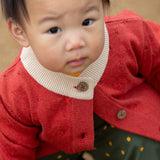 A young child wearing a Little Green Radicals From One To Another Burnt Ochre Pointelle Knitted Cardigan with green coloured shorts. Little green Radicals have a wide range of organic cotton, Fairtrade children's clothing and outerwear available here at Babipur.