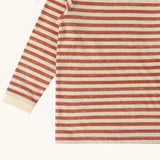 Close up of the Little Green Radicals burnt ochre stripe organic cotton long sleeve organic cotton children's top.