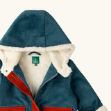 Close up of the sherpa fleece lining on the Little Green Radicals calm sea colourblock organic cotton toasty coat.