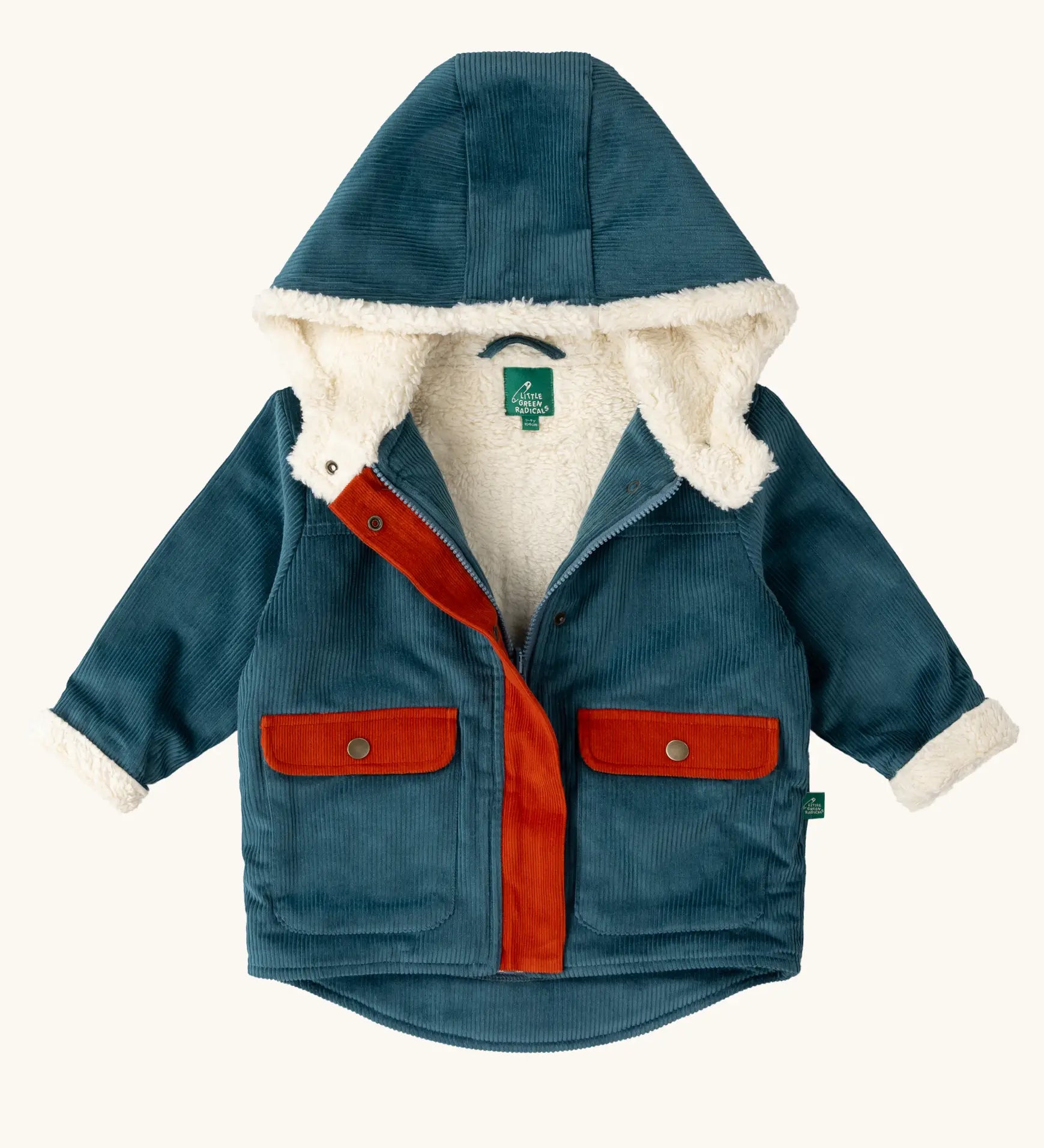 Little Green Radicals calm sea colourblock organic cotton sherpa fleece lined toasty coat.