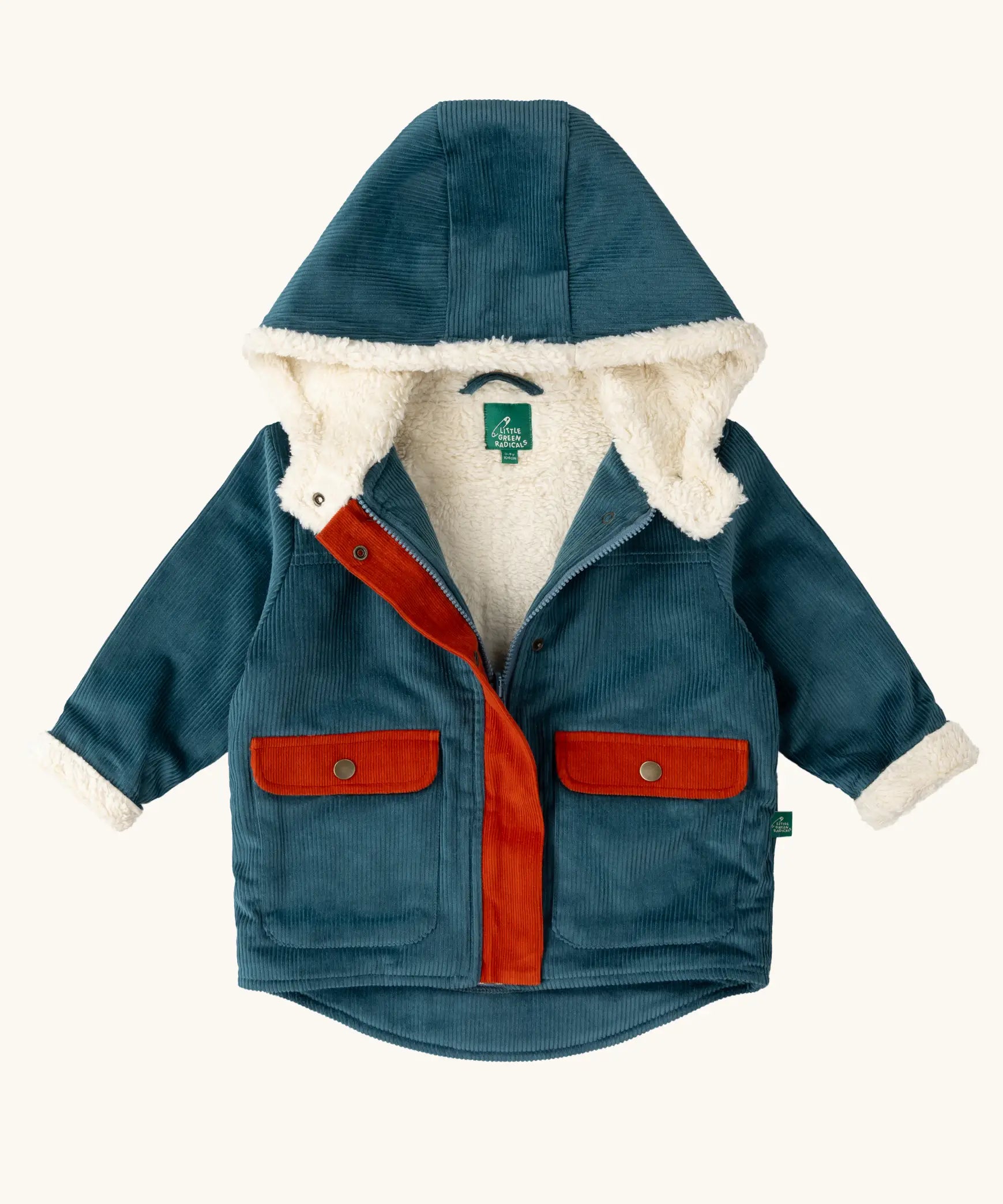 Little Green Radicals calm sea colourblock organic cotton sherpa fleece lined toasty coat.