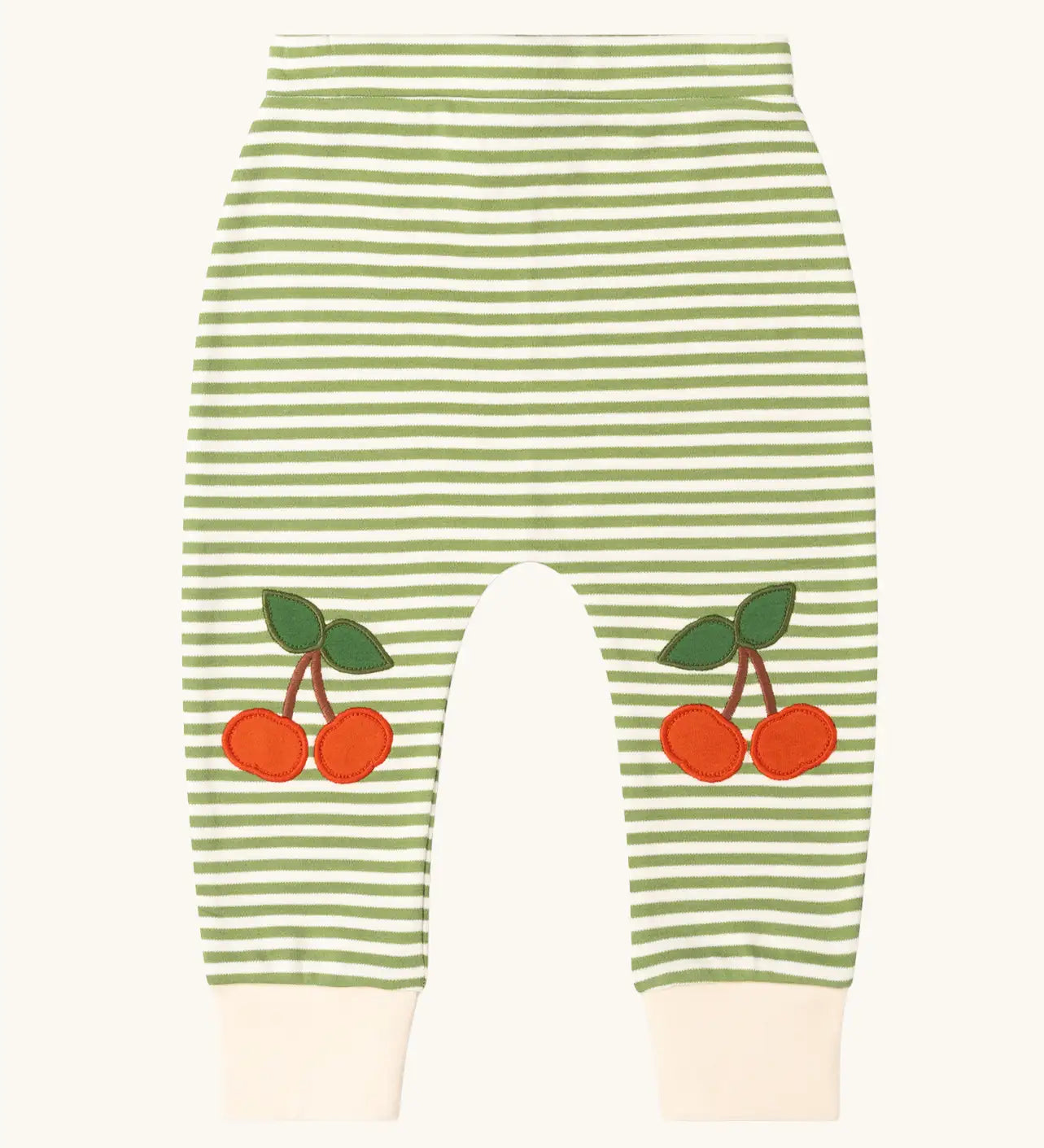 Little Green Radicals cherry knee patch green cream striped organic cotton joggers.