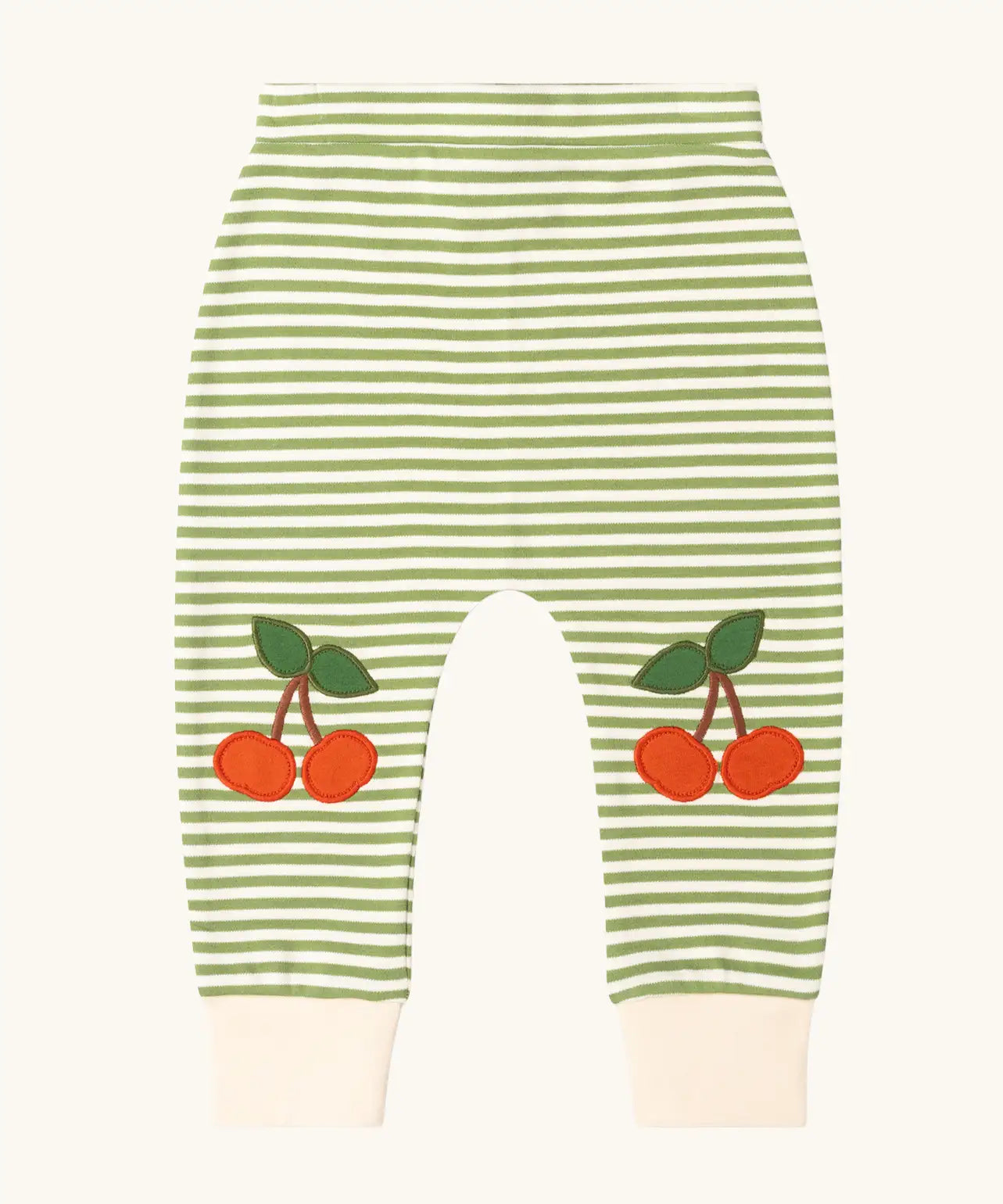 Little Green Radicals cherry knee patch green cream striped organic cotton joggers.