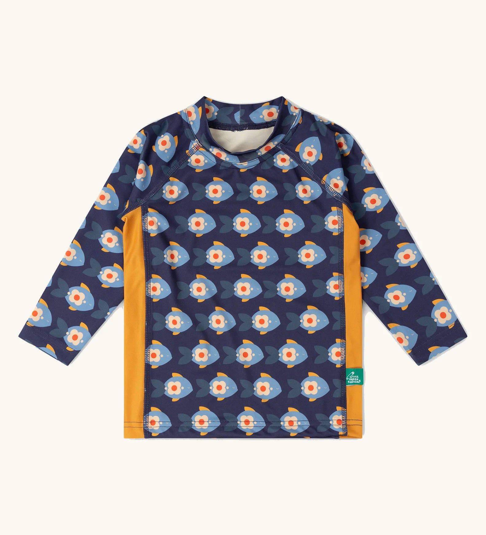 Little Green Radicals little fish print blue UPF 50 sunsafe long sleeve rash vest with yellow side panels. 