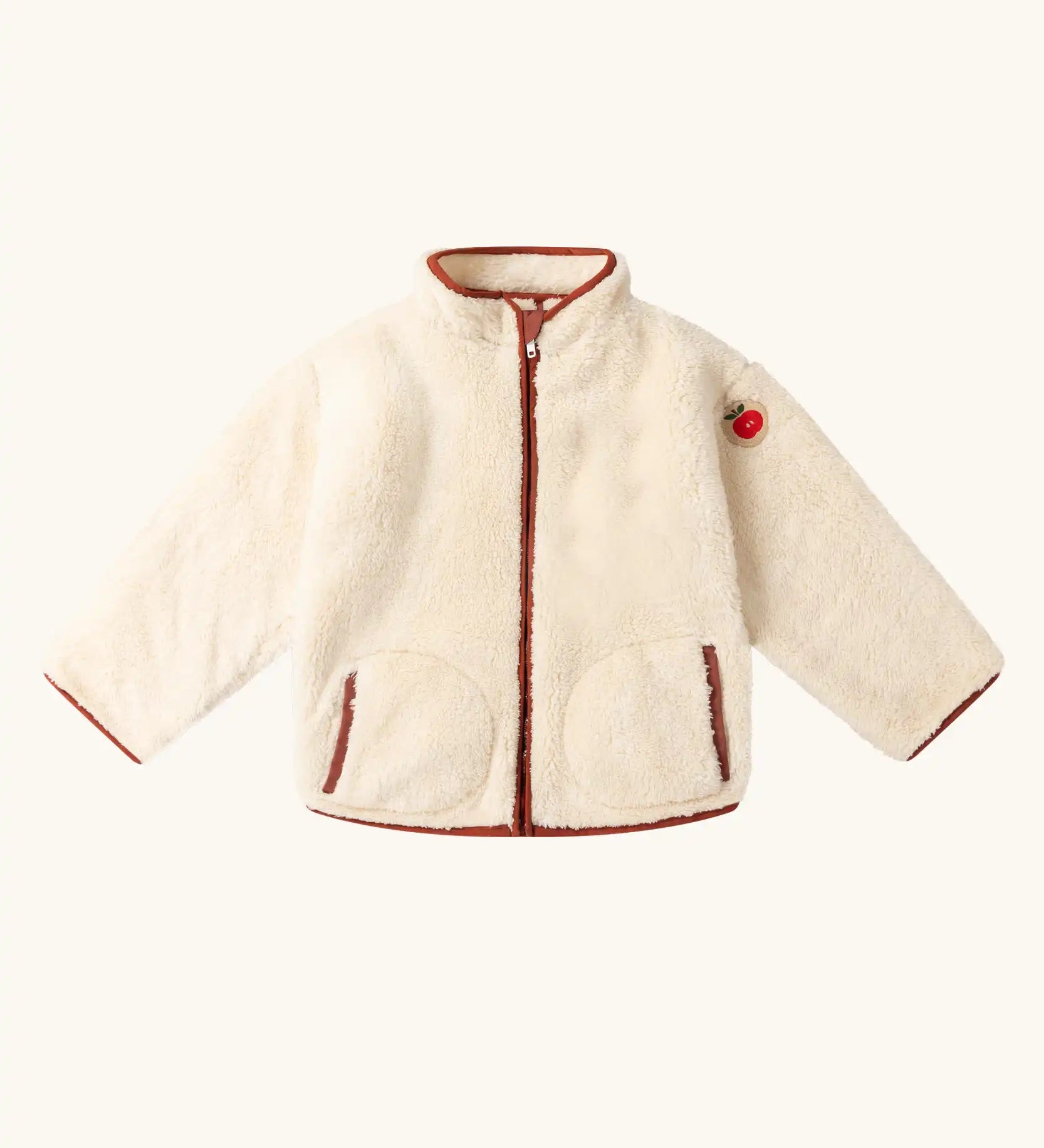Little Green Radicals soft cream zip up cosy recycled fleece jacket.