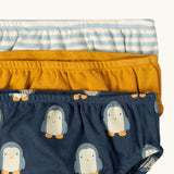 Close up of the elasticated waistband on the Little Green Radicals children's organic cotton underwear 3 pack in penguins design.