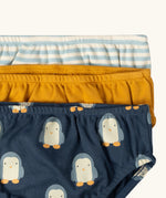 Close up of the elasticated waistband on the Little Green Radicals children's organic cotton underwear 3 pack in penguins design.