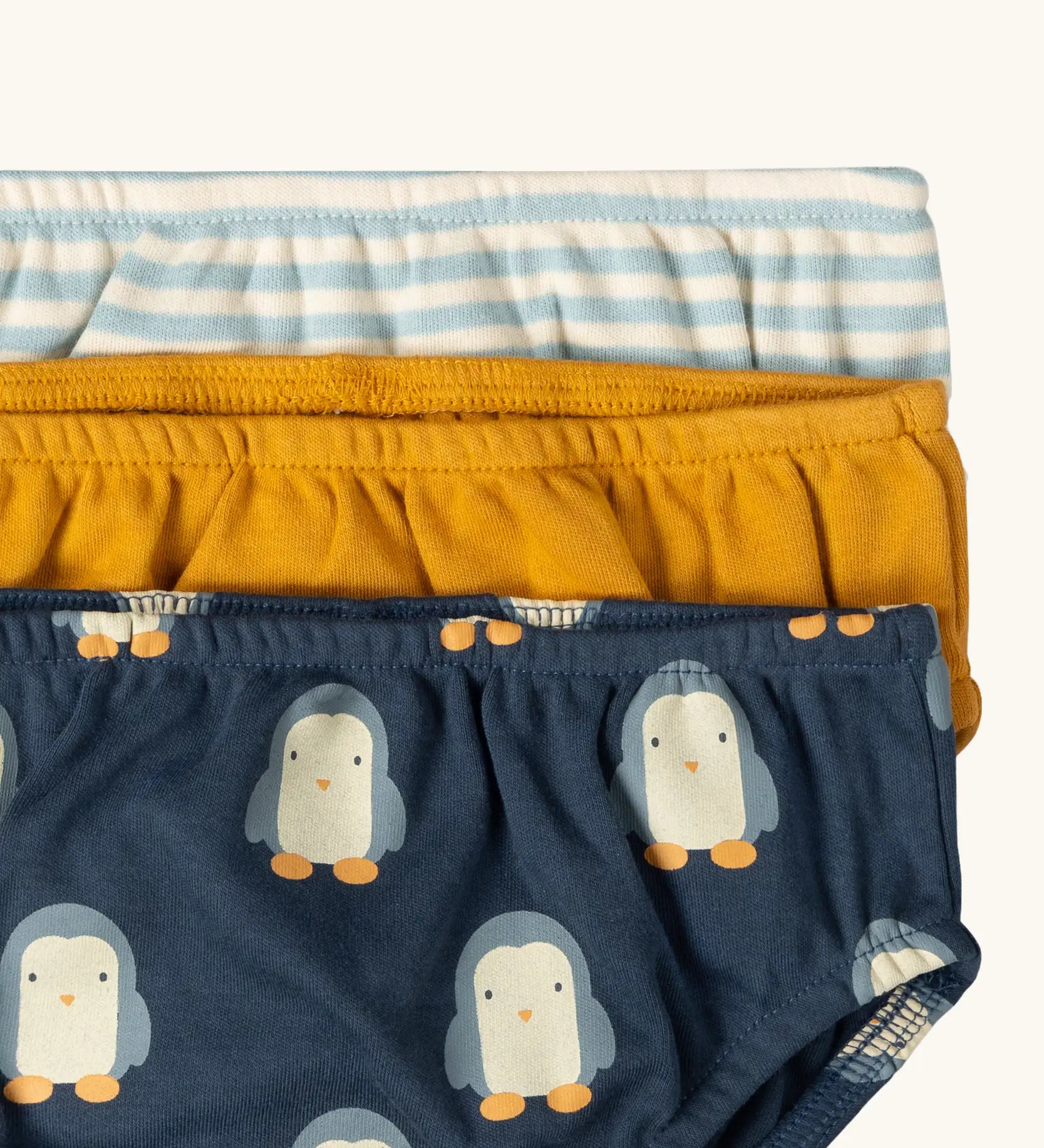 Close up of the elasticated waistband on the Little Green Radicals children's organic cotton underwear 3 pack in penguins design.