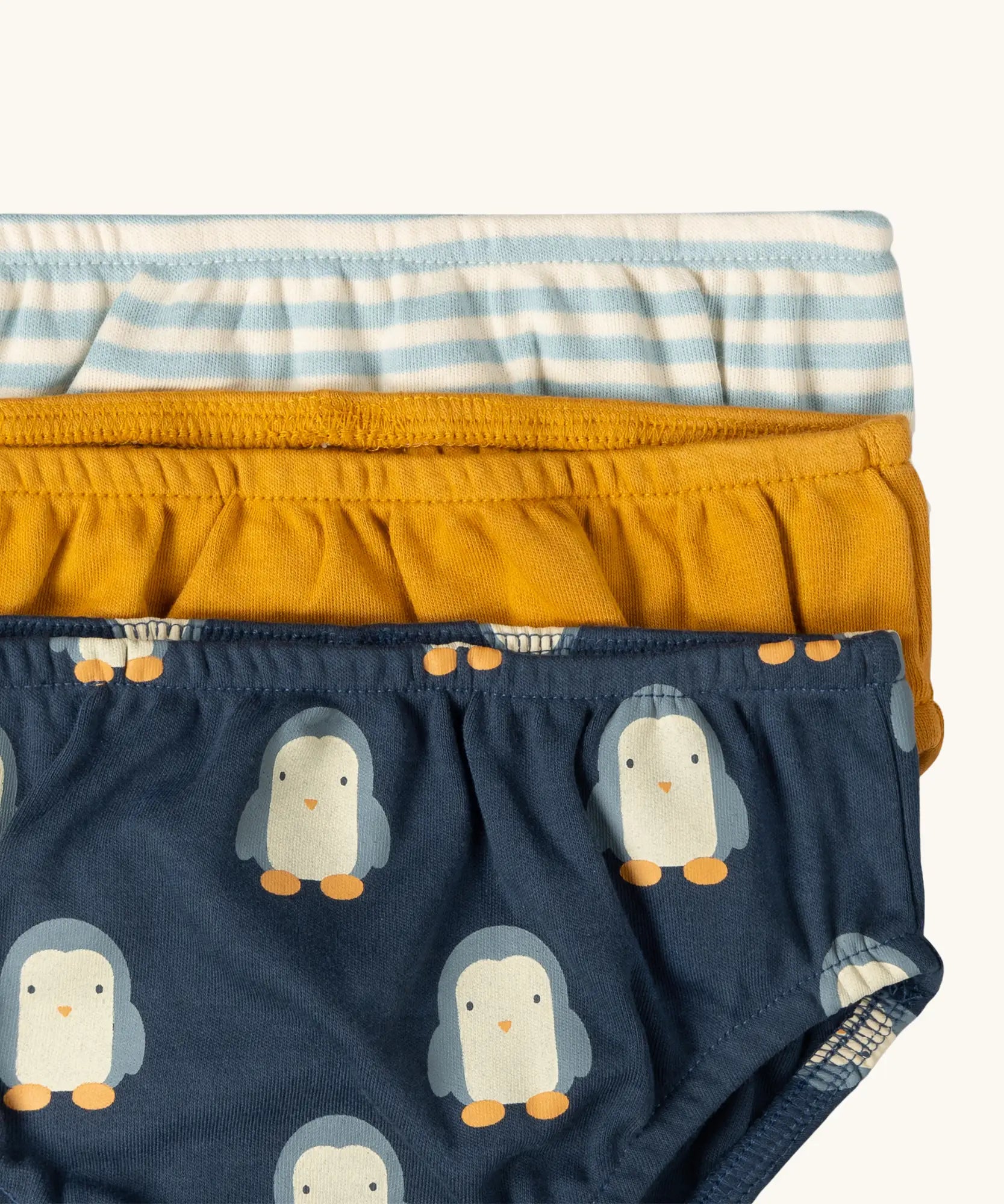 Close up of the elasticated waistband on the Little Green Radicals children's organic cotton underwear 3 pack in penguins design.