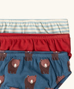 Close up of the elasticated waist on the Little Green Radicals children's organic cotton underwear 3 pack bears design. Brief style pants one navy with a brown bear print, one red and one blue and white stripes. 