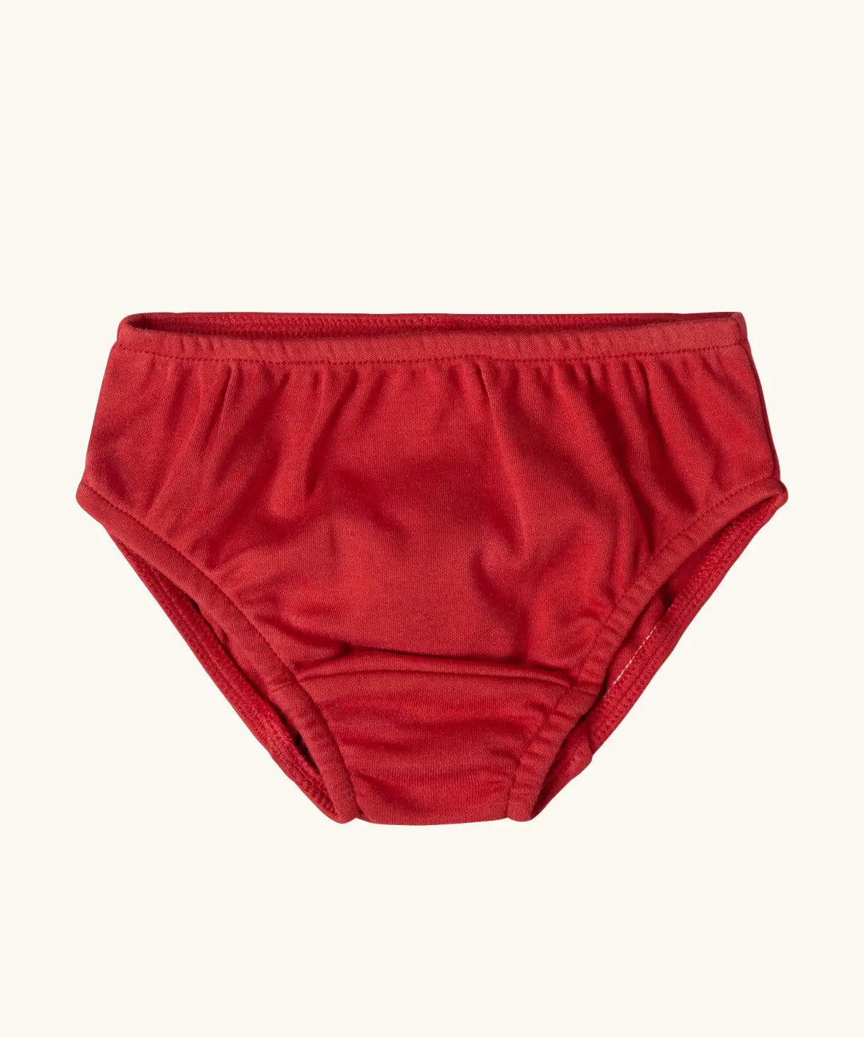 Red briefs from the Little Green Radicals children's organic cotton underwear 3 pack bears design. Brief style pants one navy with a brown bear print, one red and one blue and white stripes.
