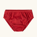 Red briefs from the Little Green Radicals children's organic cotton underwear 3 pack bears design. Brief style pants one navy with a brown bear print, one red and one blue and white stripes.